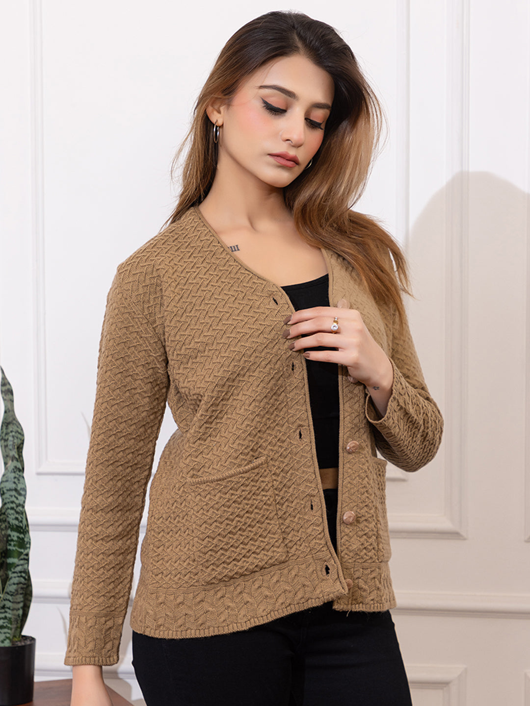 2032 Camel Self Design V Neck Acrylic Wool Cardigan With Front Two Pockets TWENTY ME