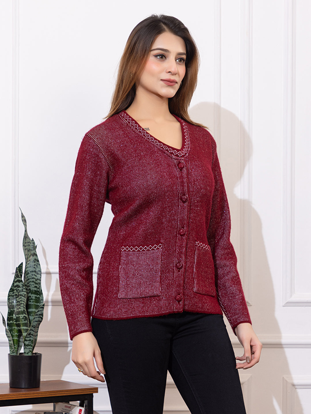 2892 Maroon Acrylic Nylon Button Closure Soft & Warm Cardigans Winter Wear TWENTY ME