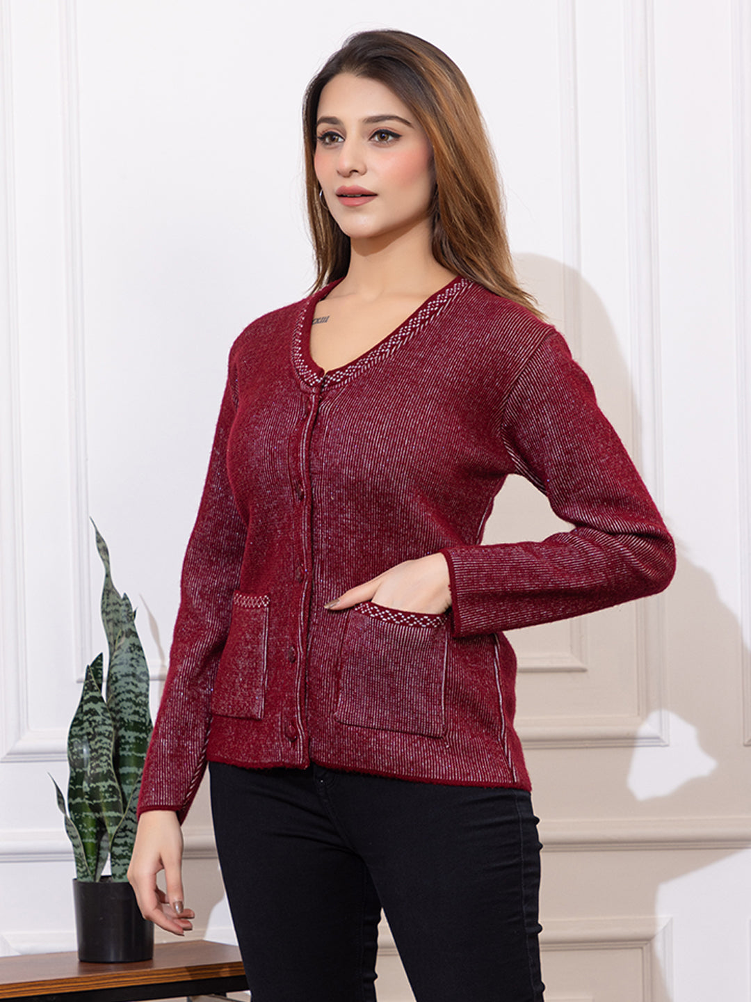 2892 Maroon Acrylic Nylon Button Closure Soft & Warm Cardigans Winter Wear TWENTY ME