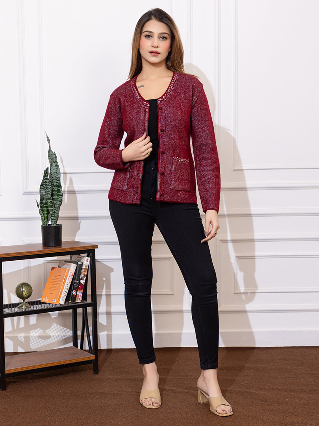 2892 Maroon Acrylic Nylon Button Closure Soft & Warm Cardigans Winter Wear TWENTY ME