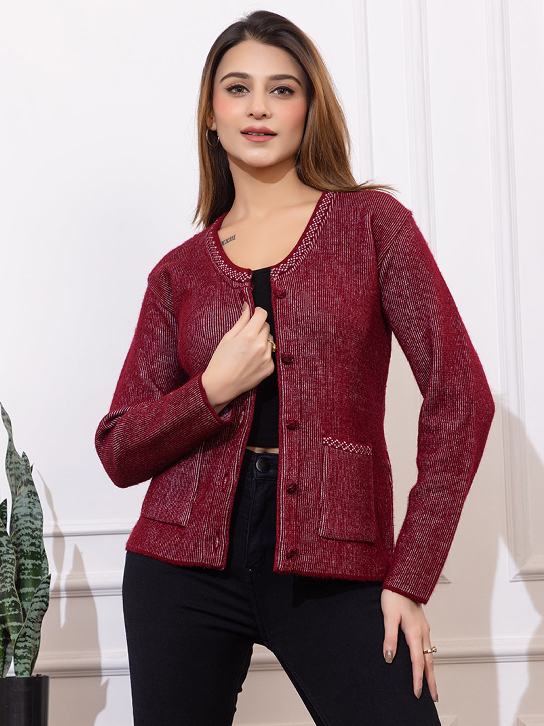 2892 Maroon Acrylic Nylon Button Closure Soft & Warm Cardigans Winter Wear TWENTY ME