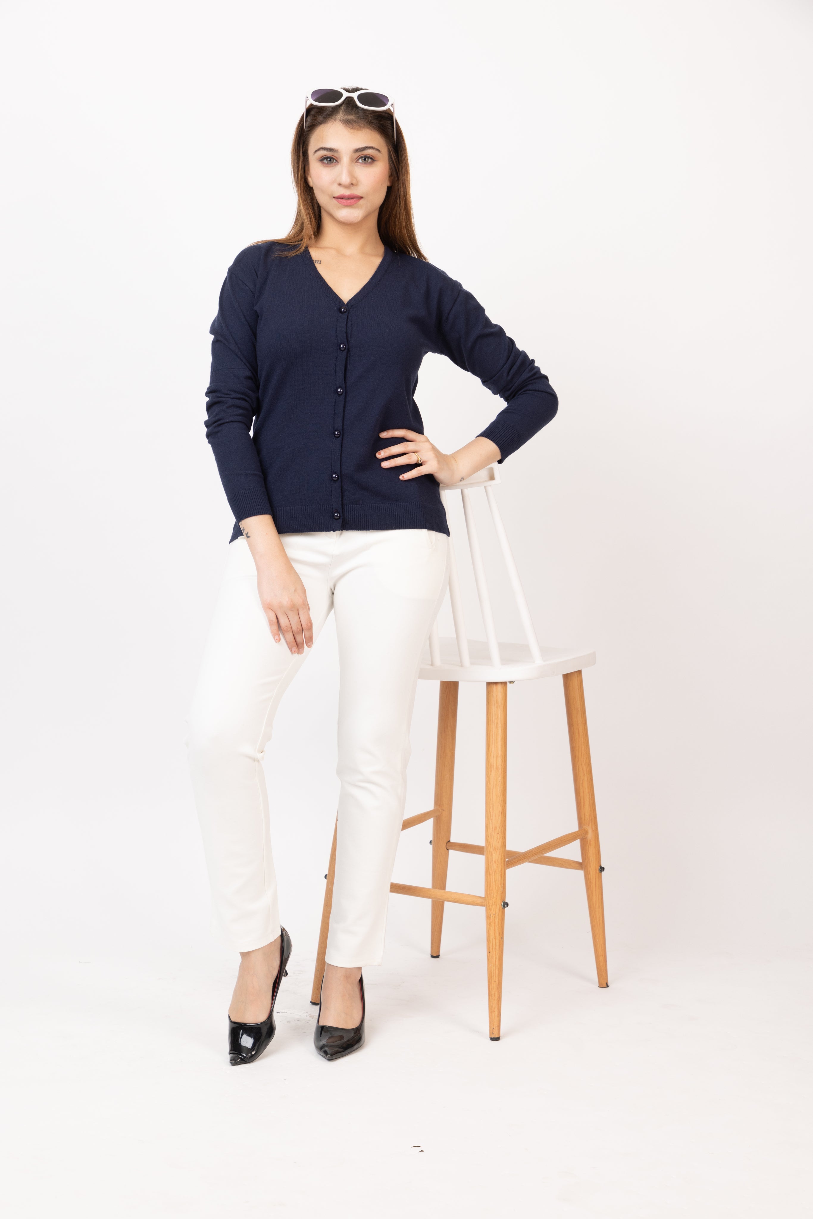 2186 Navy Stylish Self Design Cardigans Winter Wear TWENTY ME