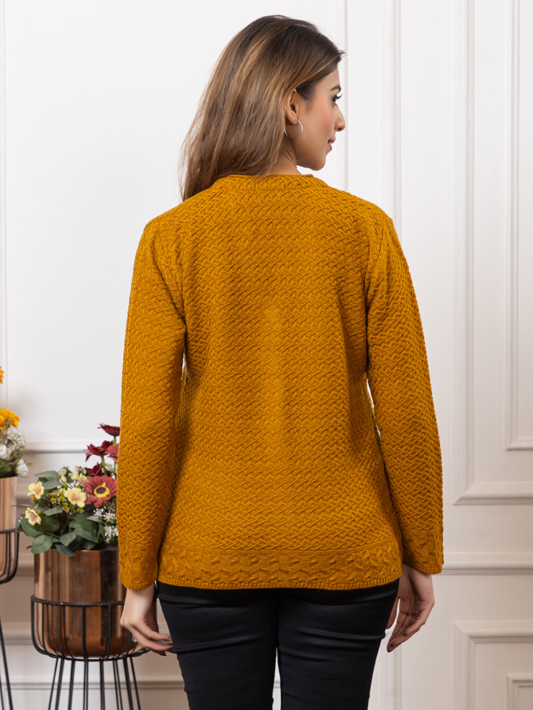 2032 Mustard Self Design V Neck Acrylic Wool Cardigan With Front Two Pockets TWENTY ME