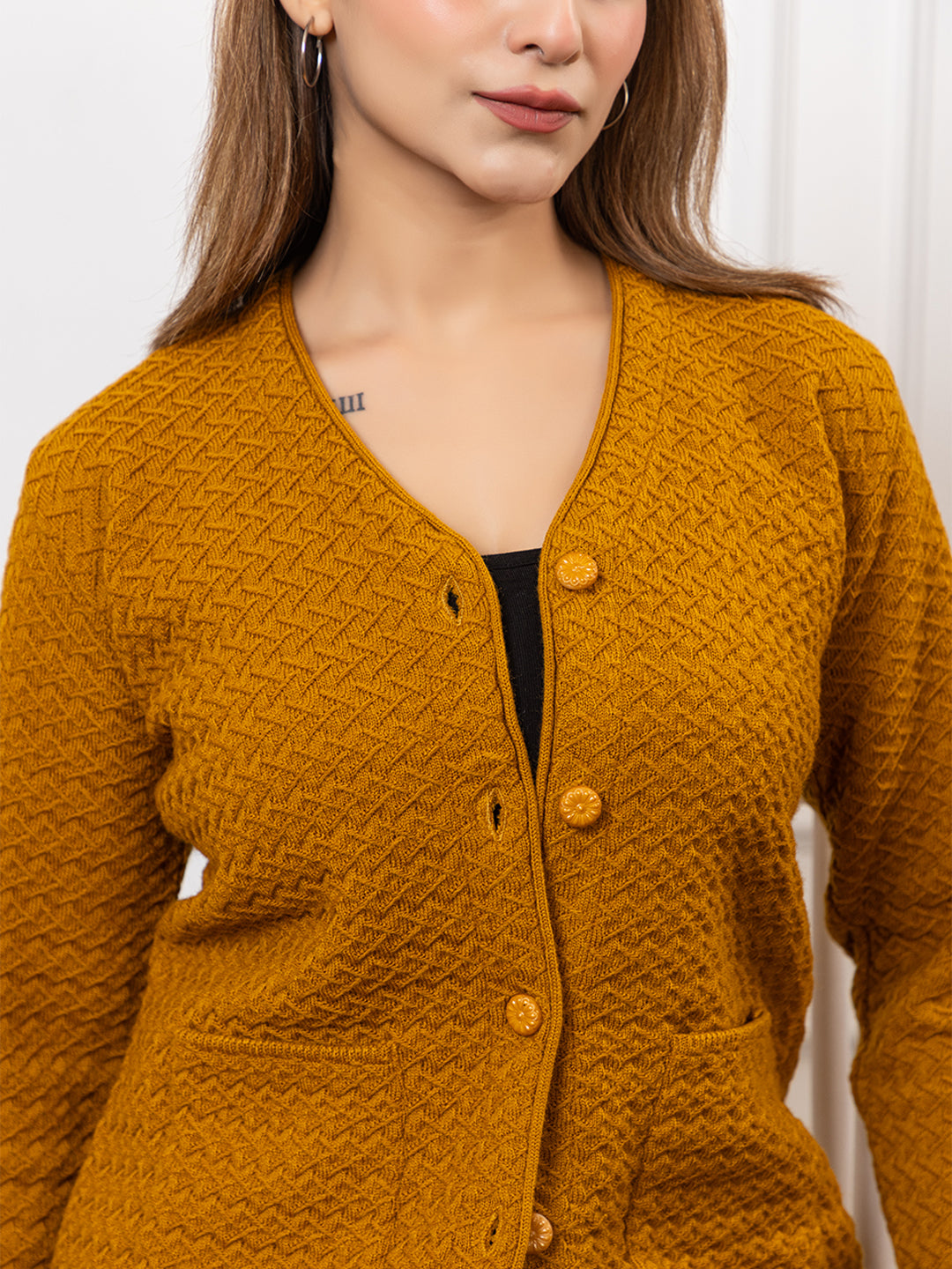 2032 Mustard Self Design V Neck Acrylic Wool Cardigan With Front Two Pockets TWENTY ME