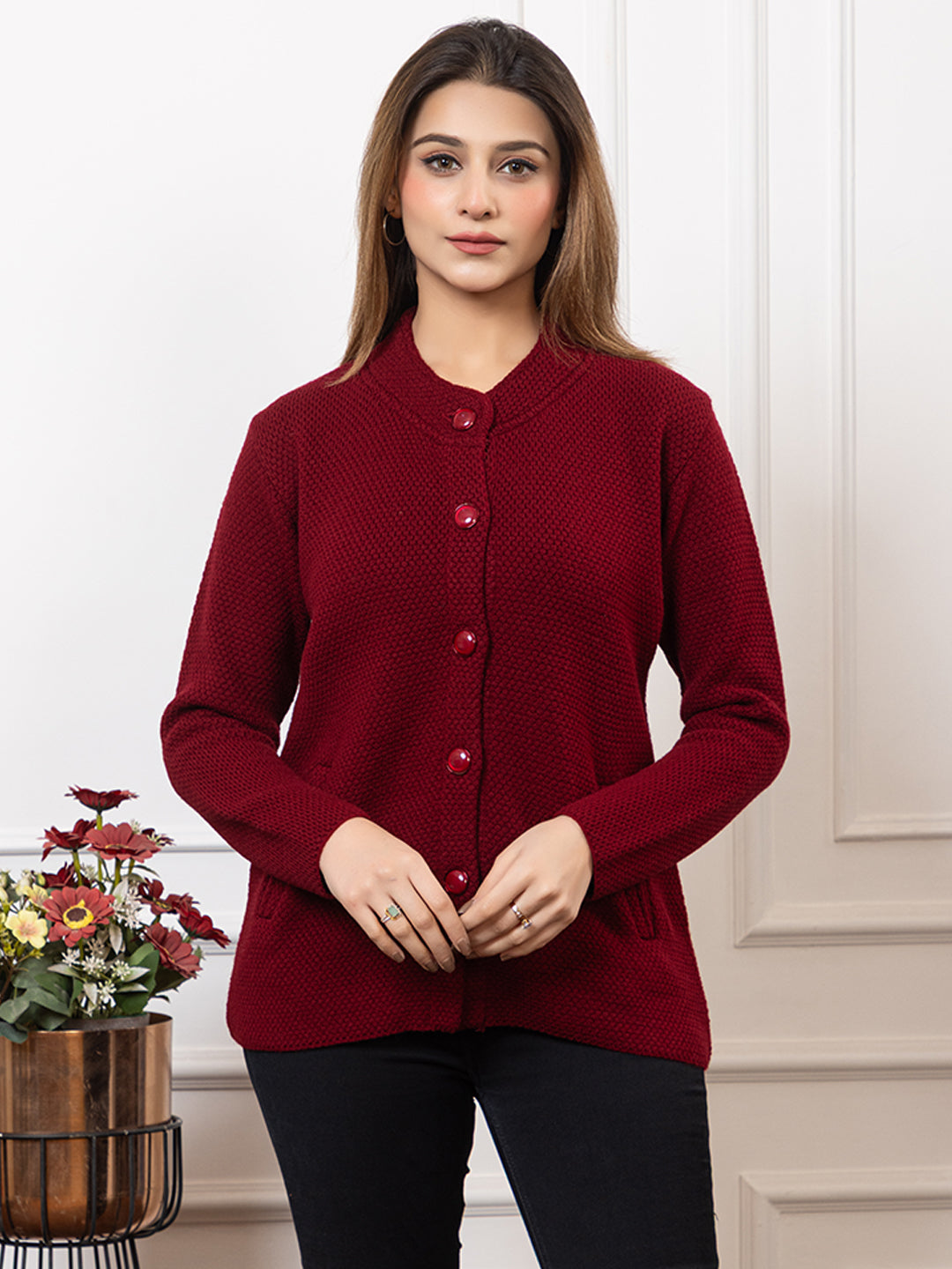 2395 Maroon Full Sleeve with Side Pockets Women's Cardigans  Winter Wear TWENTY ME