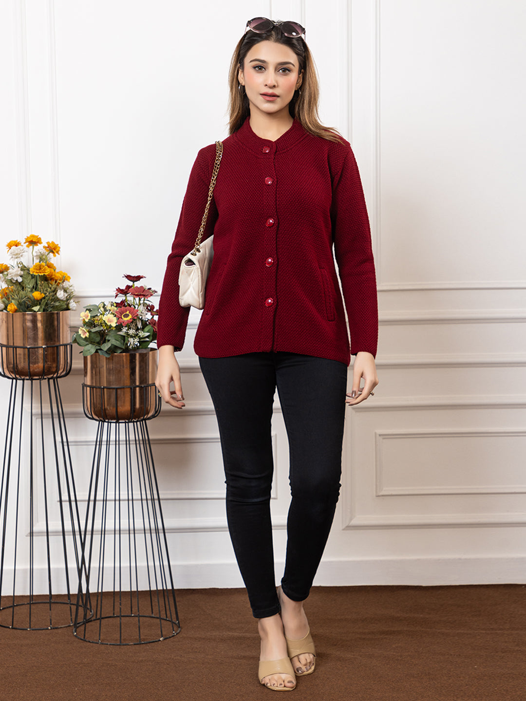 2395 Maroon Full Sleeve with Side Pockets Women's Cardigans  Winter Wear TWENTY ME