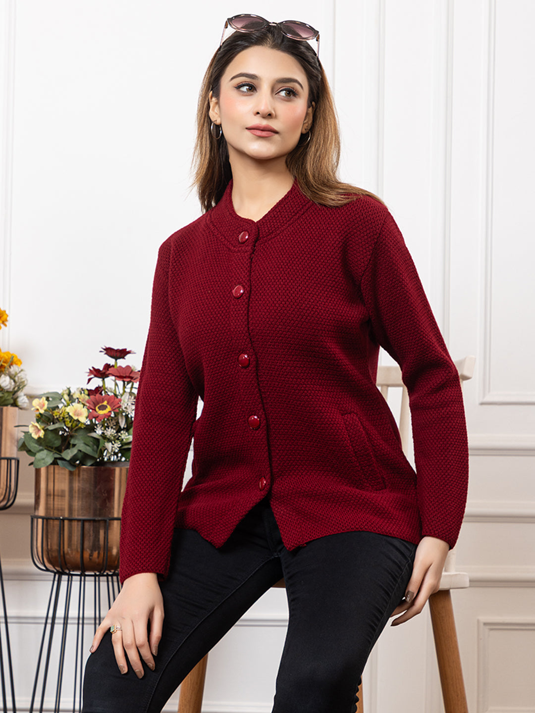 2395 Maroon Full Sleeve with Side Pockets Women's Cardigans  Winter Wear TWENTY ME