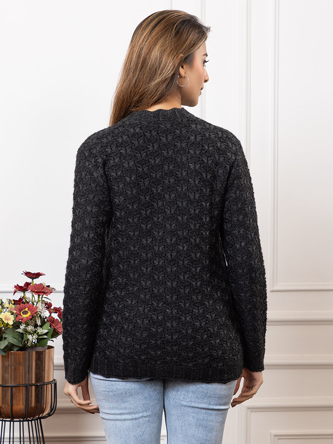 2383 Black Self Design Full Sleeves V Neck Acrylic Wool Warm Cardigan for Women TWENTY ME