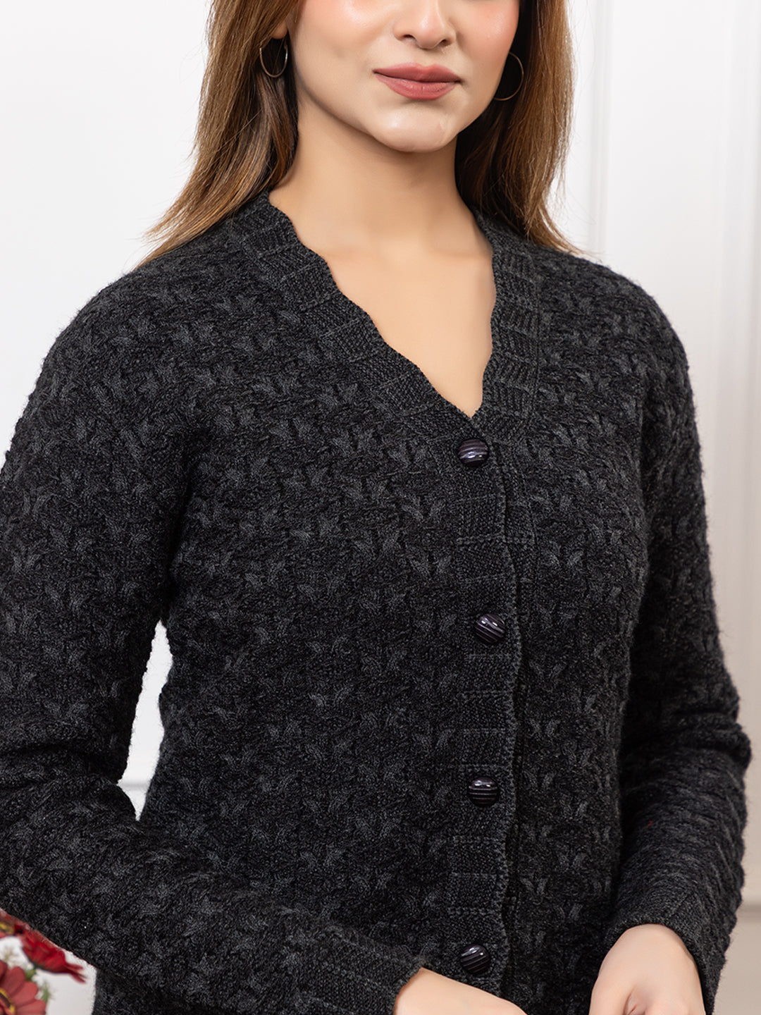 2383 Black Self Design Full Sleeves V Neck Acrylic Wool Warm Cardigan for Women TWENTY ME