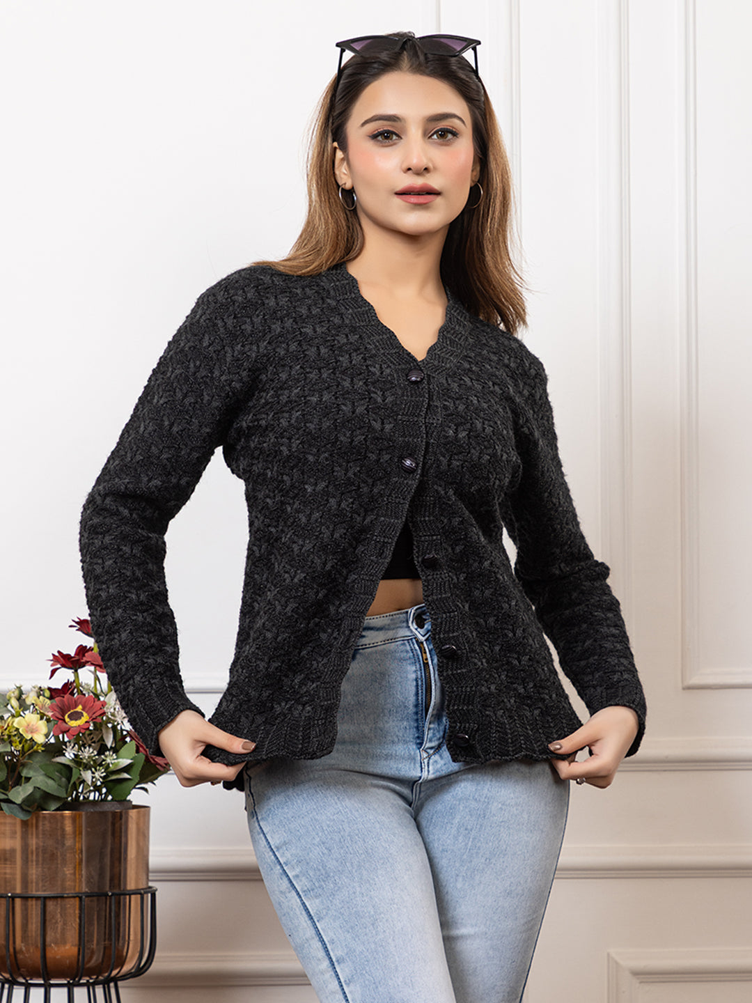 2383 Black Self Design Full Sleeves V Neck Acrylic Wool Warm Cardigan for Women TWENTY ME