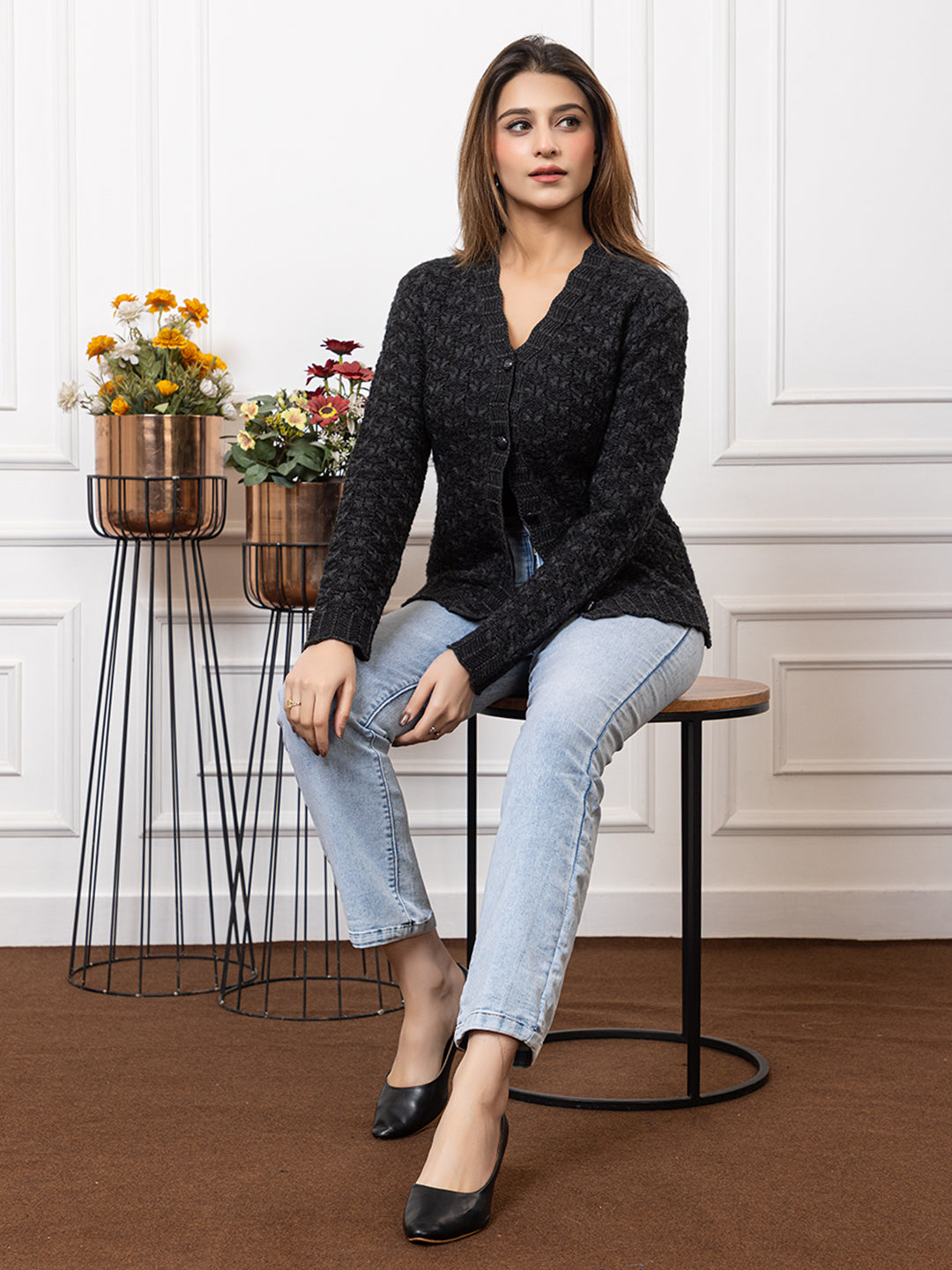2383 Black Self Design Full Sleeves V Neck Acrylic Wool Warm Cardigan for Women TWENTY ME