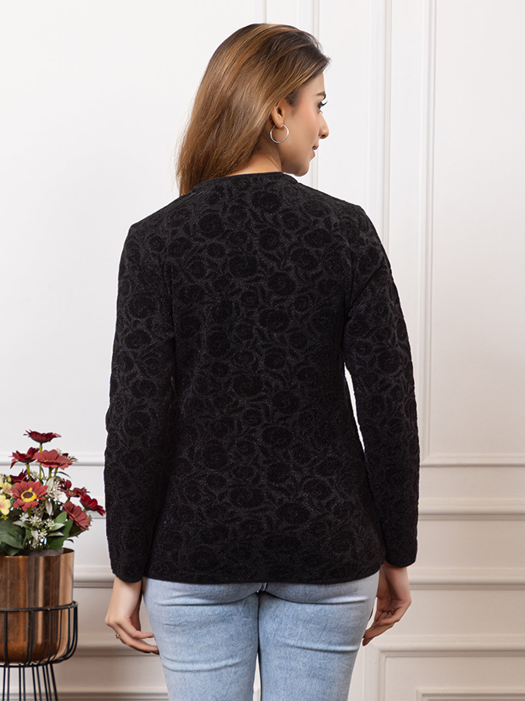 2004 Black Acrylic Wool V Neck Full Sleeve Button Self Design/Solid Cardigans