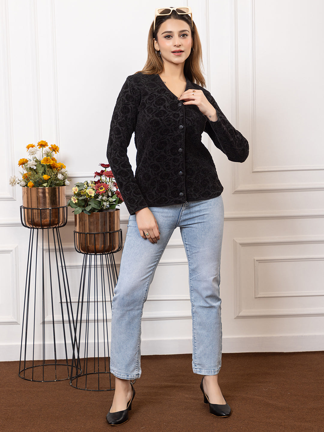 2004 Black Acrylic Wool V Neck Full Sleeve Button Self Design/Solid Cardigans