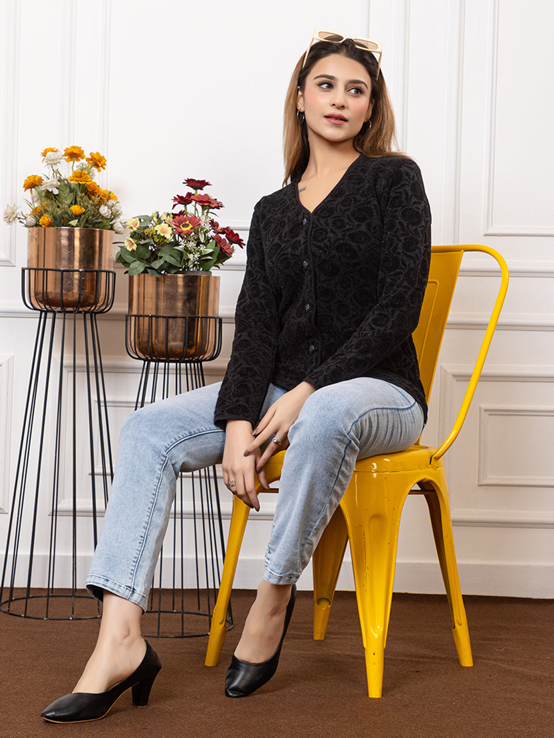 2004 Black Acrylic Wool V Neck Full Sleeve Button Self Design/Solid Cardigans