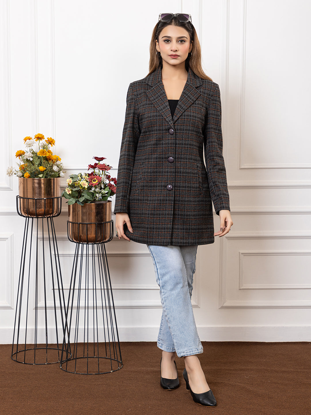 4410 D.Grey Acrylic Blend Collared Checked Coat Winter Wear TWENTY ME