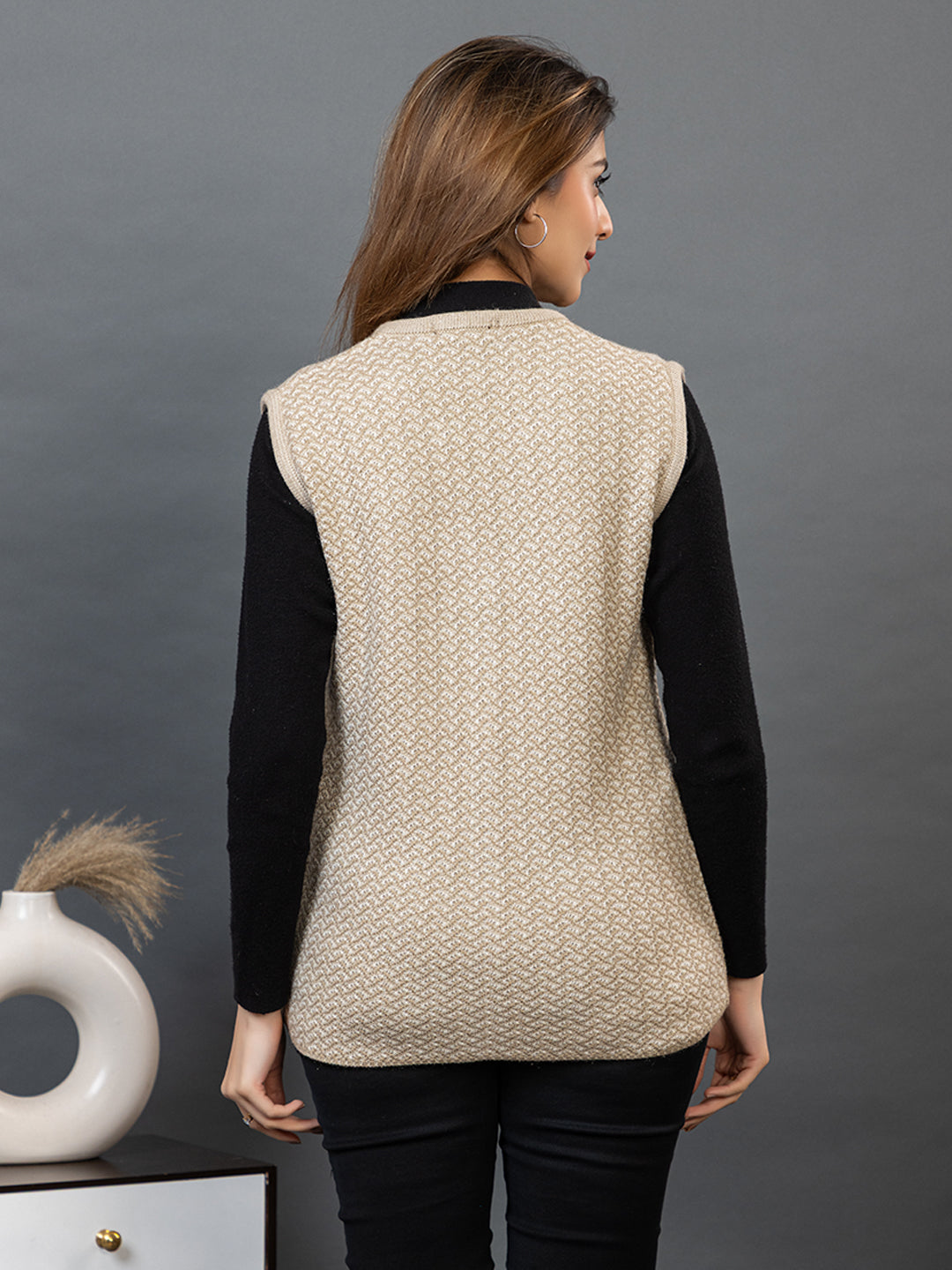 1239 Beige Self Design Sleeveless V Neck Acrylic Wool Warm  Front Two Pockets Cardigan TWENTY ME