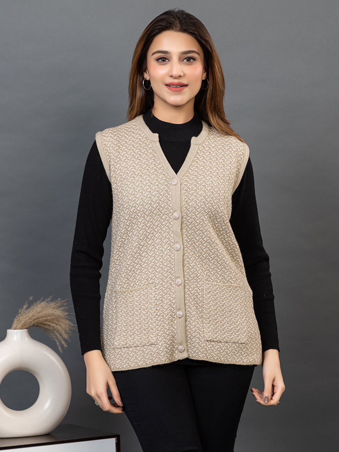 1239 Beige Self Design Sleeveless V Neck Acrylic Wool Warm  Front Two Pockets Cardigan TWENTY ME