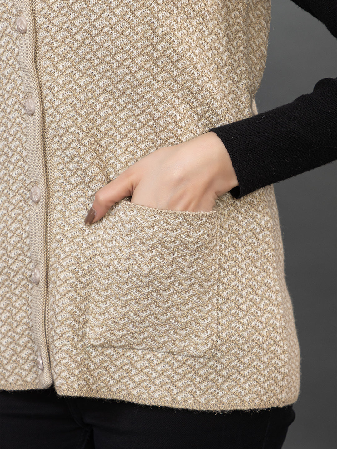 1239 Beige Self Design Sleeveless V Neck Acrylic Wool Warm  Front Two Pockets Cardigan TWENTY ME