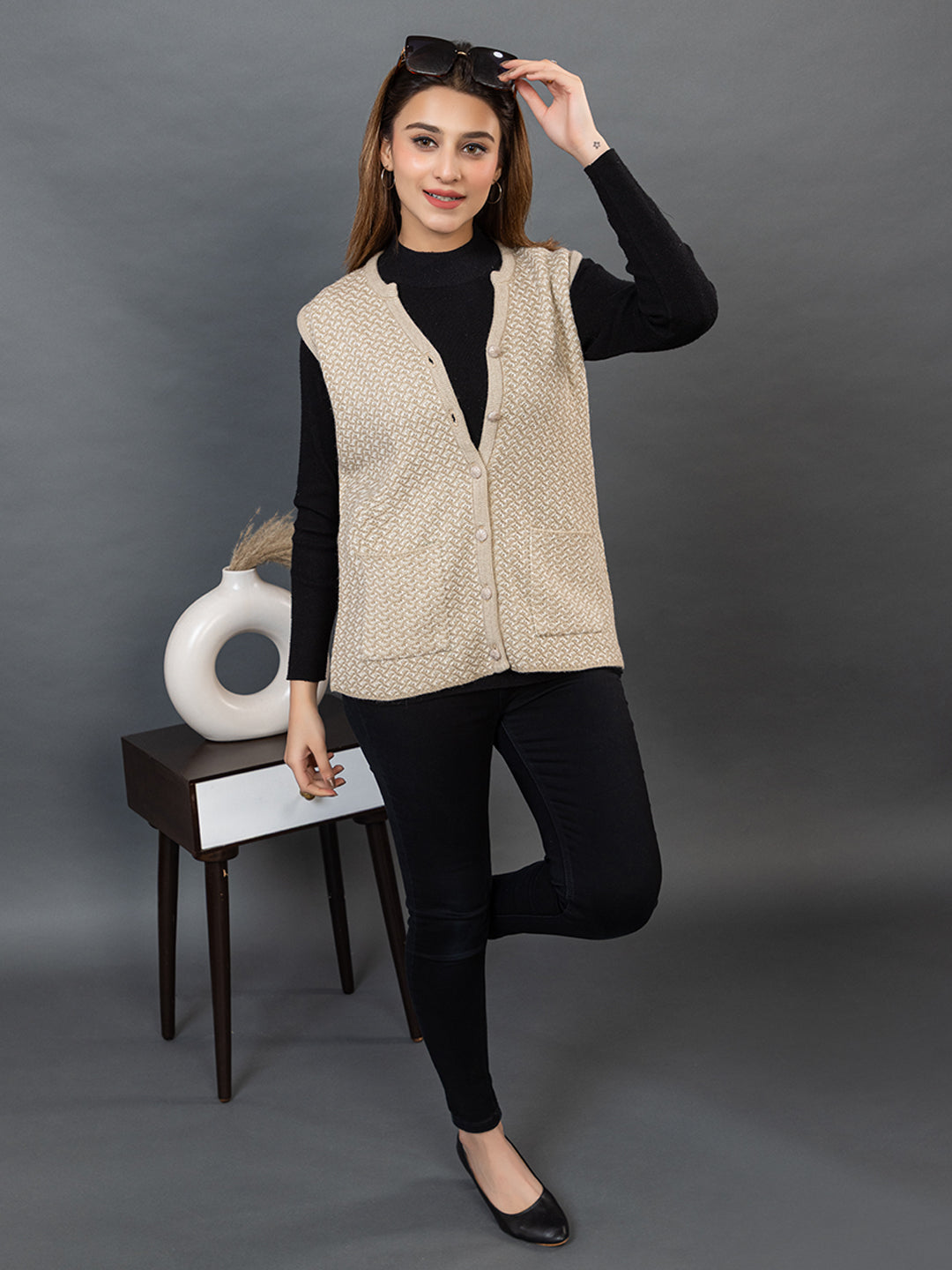 1239 Beige Self Design Sleeveless V Neck Acrylic Wool Warm  Front Two Pockets Cardigan TWENTY ME