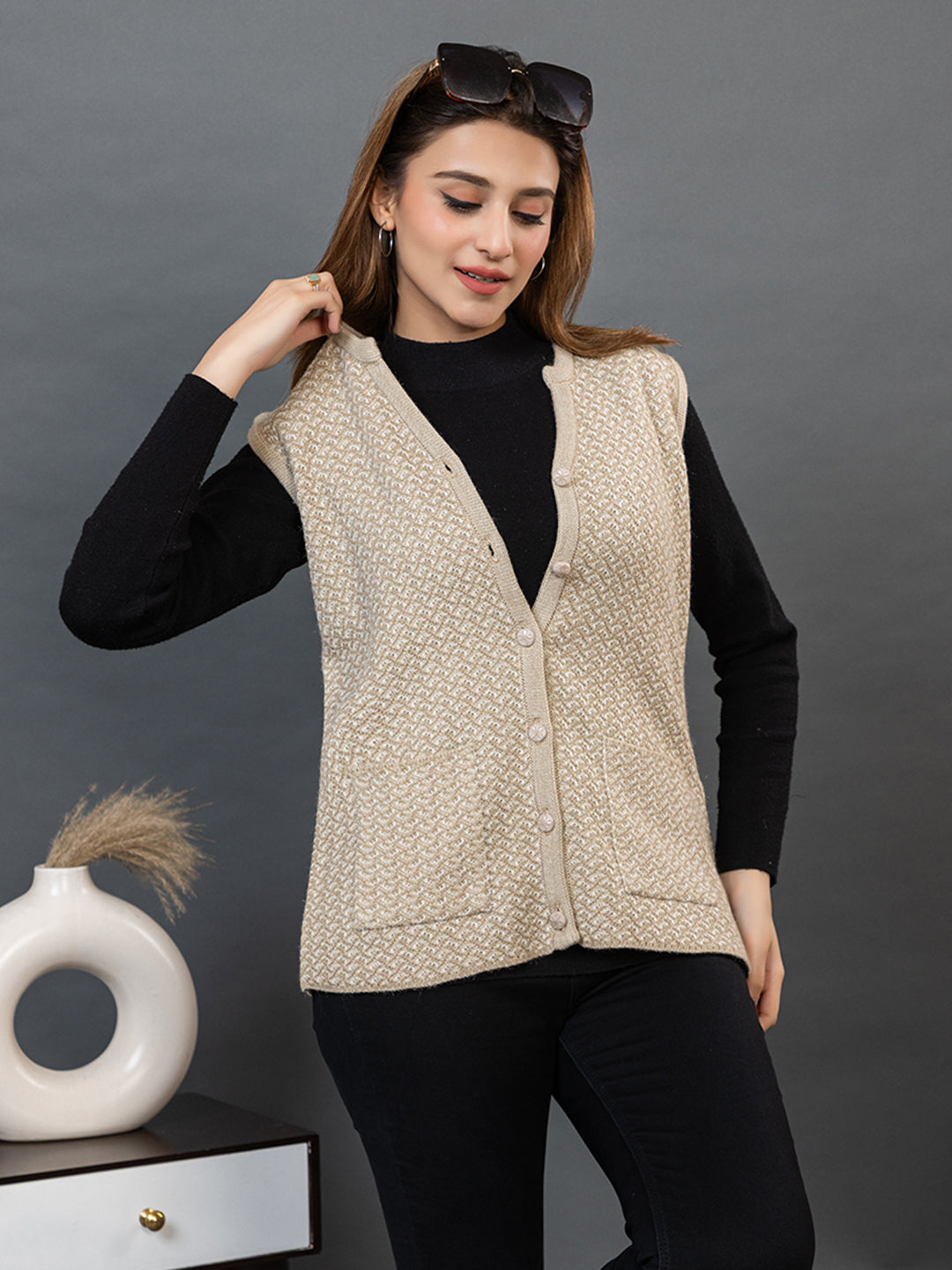 1239 Beige Self Design Sleeveless V Neck Acrylic Wool Warm  Front Two Pockets Cardigan TWENTY ME