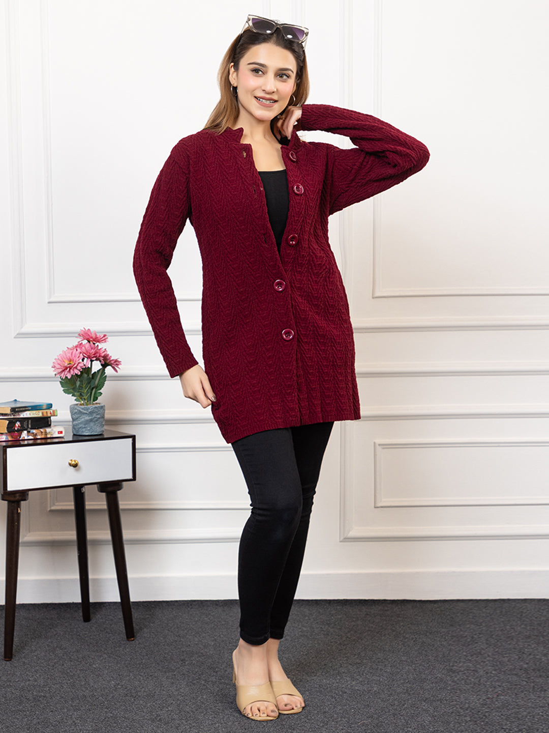 4708 Maroon Wool Blend Button Closure Soft & Warm Cardigans Winter Wear TWENTY ME