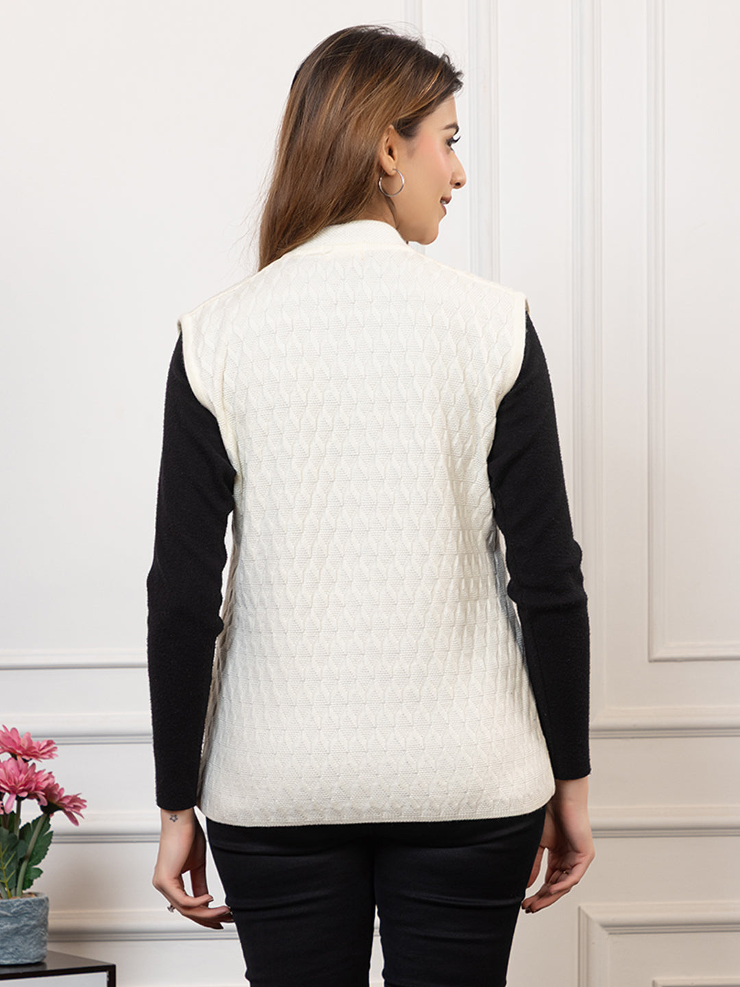 1266 White Self Design Sleeveless V Neck Acrylic Wool Warm Front Two Pockets Cardigan TWENTY ME