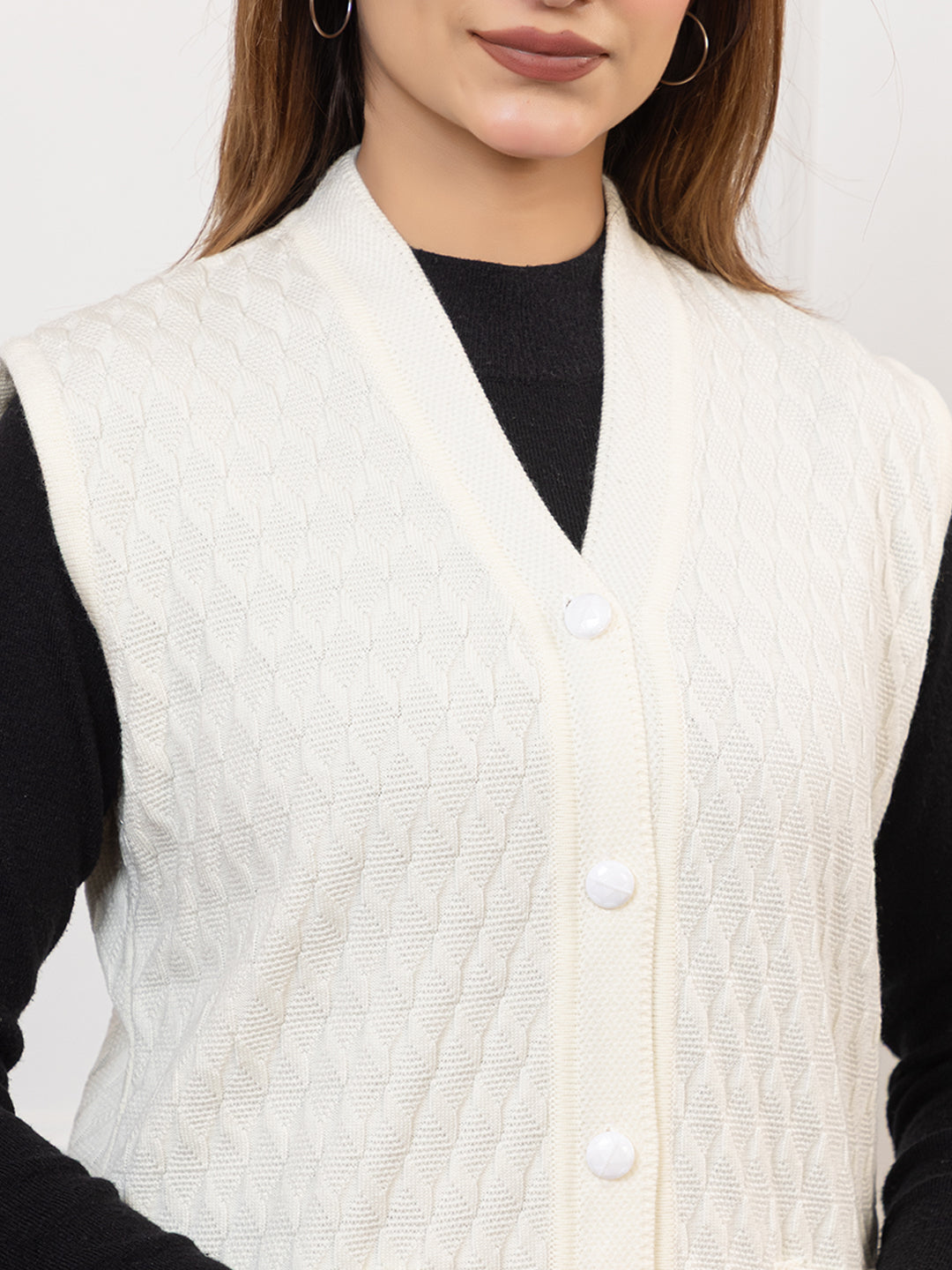 1266 White Self Design Sleeveless V Neck Acrylic Wool Warm Front Two Pockets Cardigan TWENTY ME