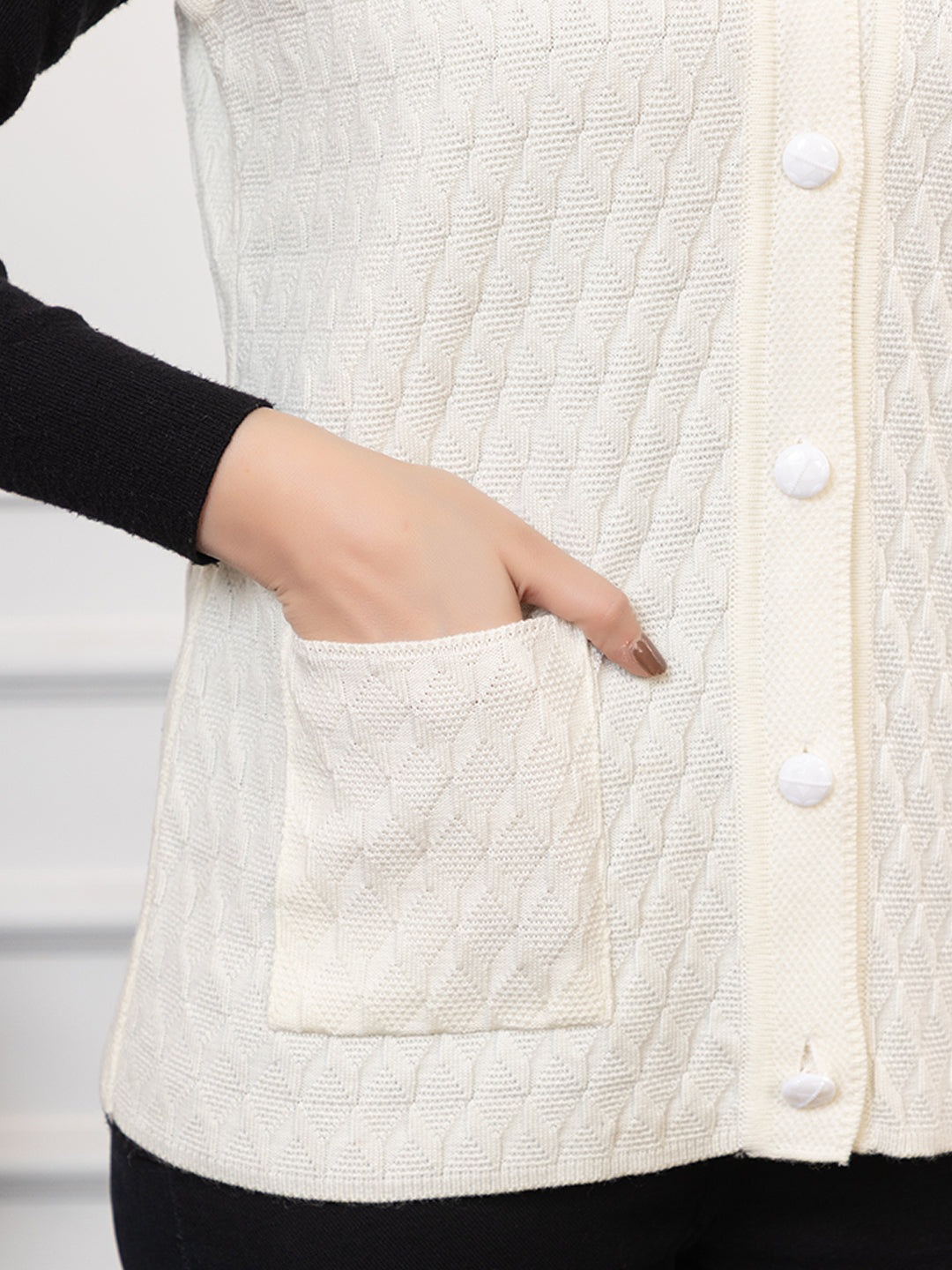 1266 White Self Design Sleeveless V Neck Acrylic Wool Warm Front Two Pockets Cardigan TWENTY ME
