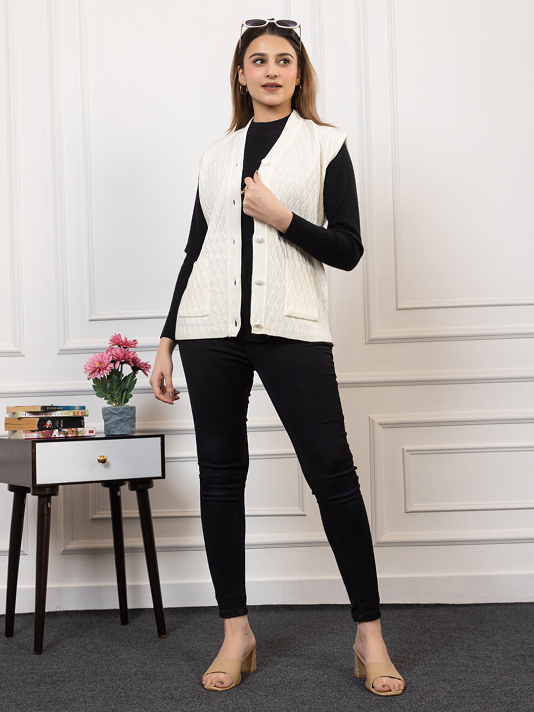 1266 White Self Design Sleeveless V Neck Acrylic Wool Warm Front Two Pockets Cardigan TWENTY ME