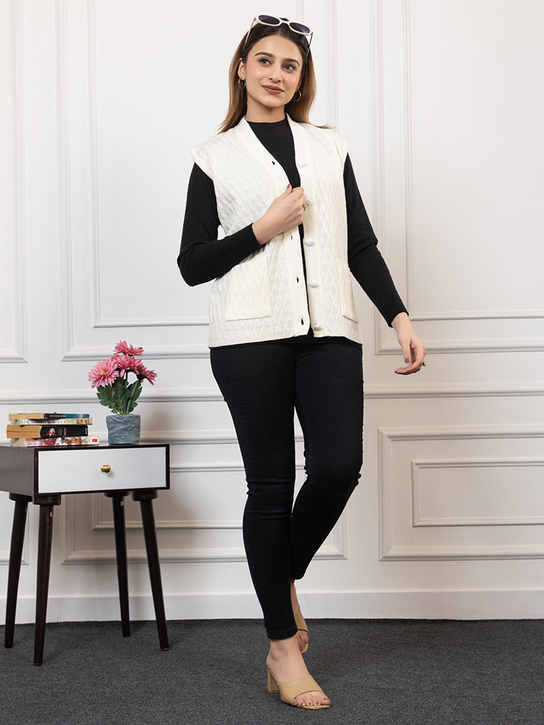 1266 White Self Design Sleeveless V Neck Acrylic Wool Warm Front Two Pockets Cardigan TWENTY ME