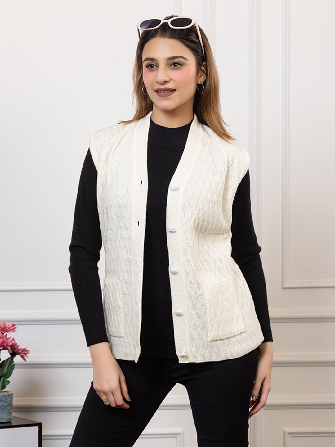 1266 White Self Design Sleeveless V Neck Acrylic Wool Warm Front Two Pockets Cardigan TWENTY ME