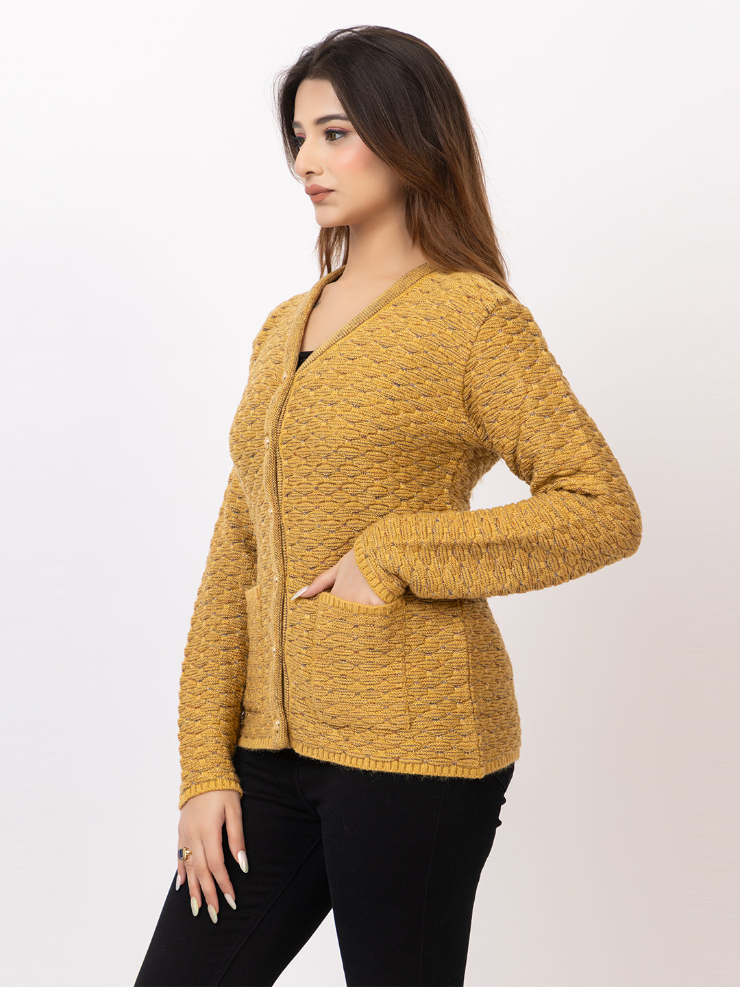 2384 Mustard V neck Cardigan winter wear TWENTY ME