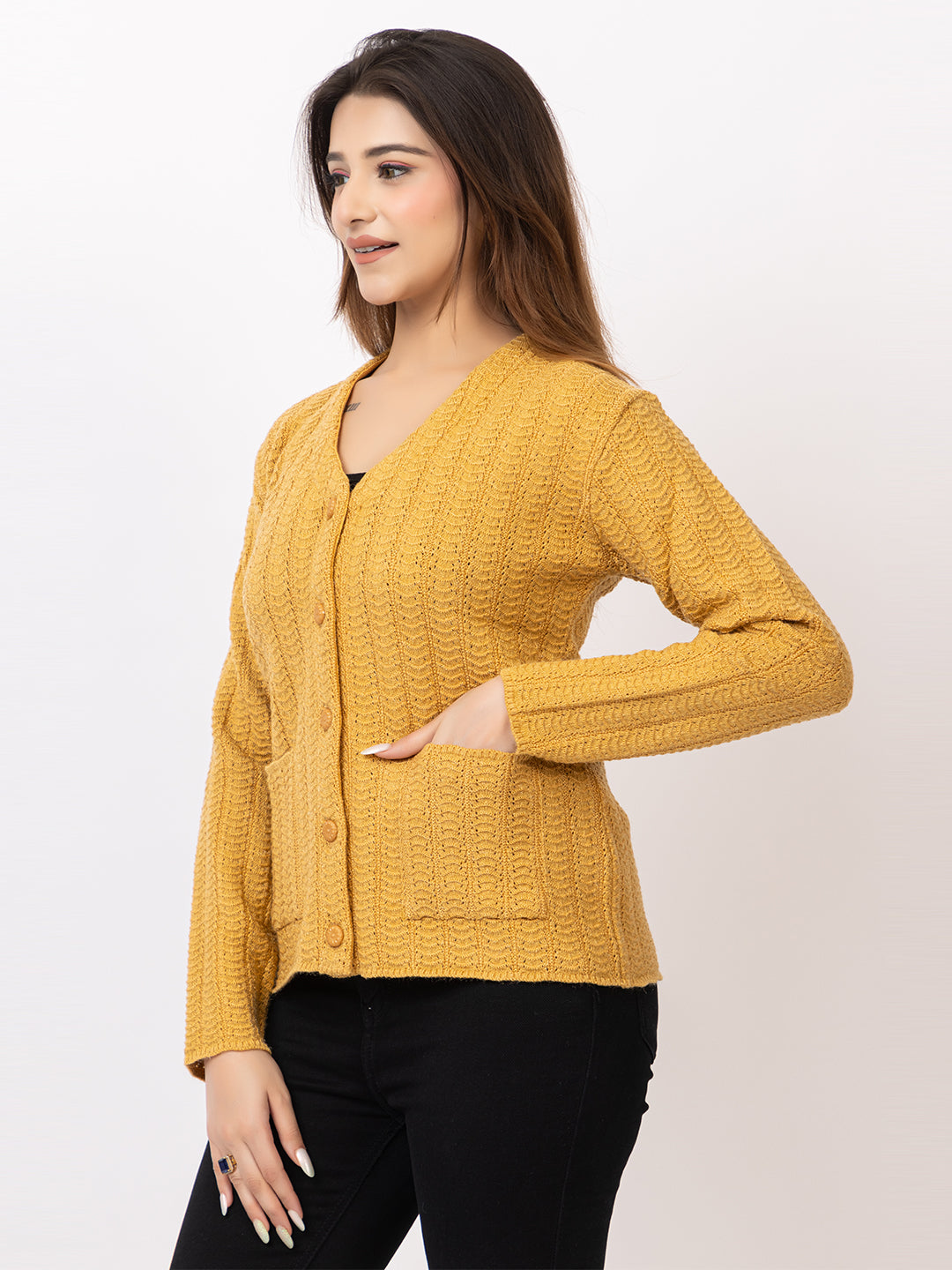 2400 Mustard V neck Cardigan winter wear TWENTY ME