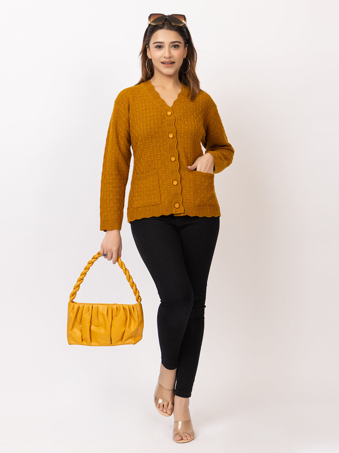 2402 Mustard  V neck Cardigan winter wear TWENTY ME