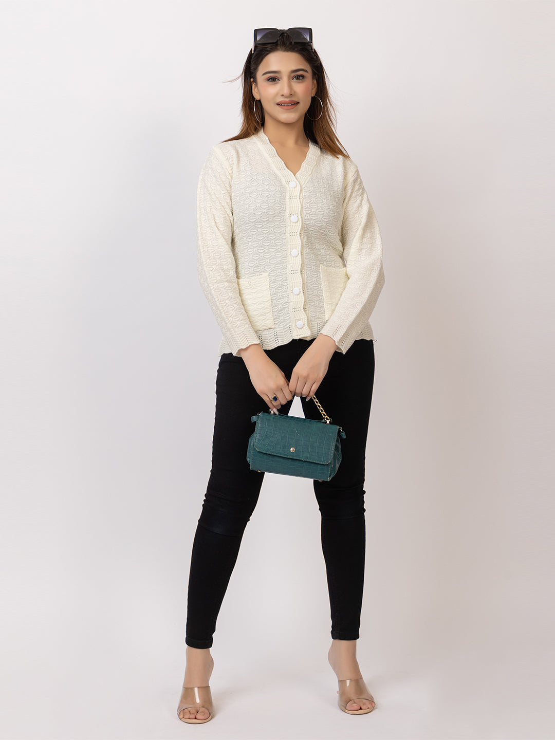 2402 Off White V neck Cardigan winter wear TWENTY ME