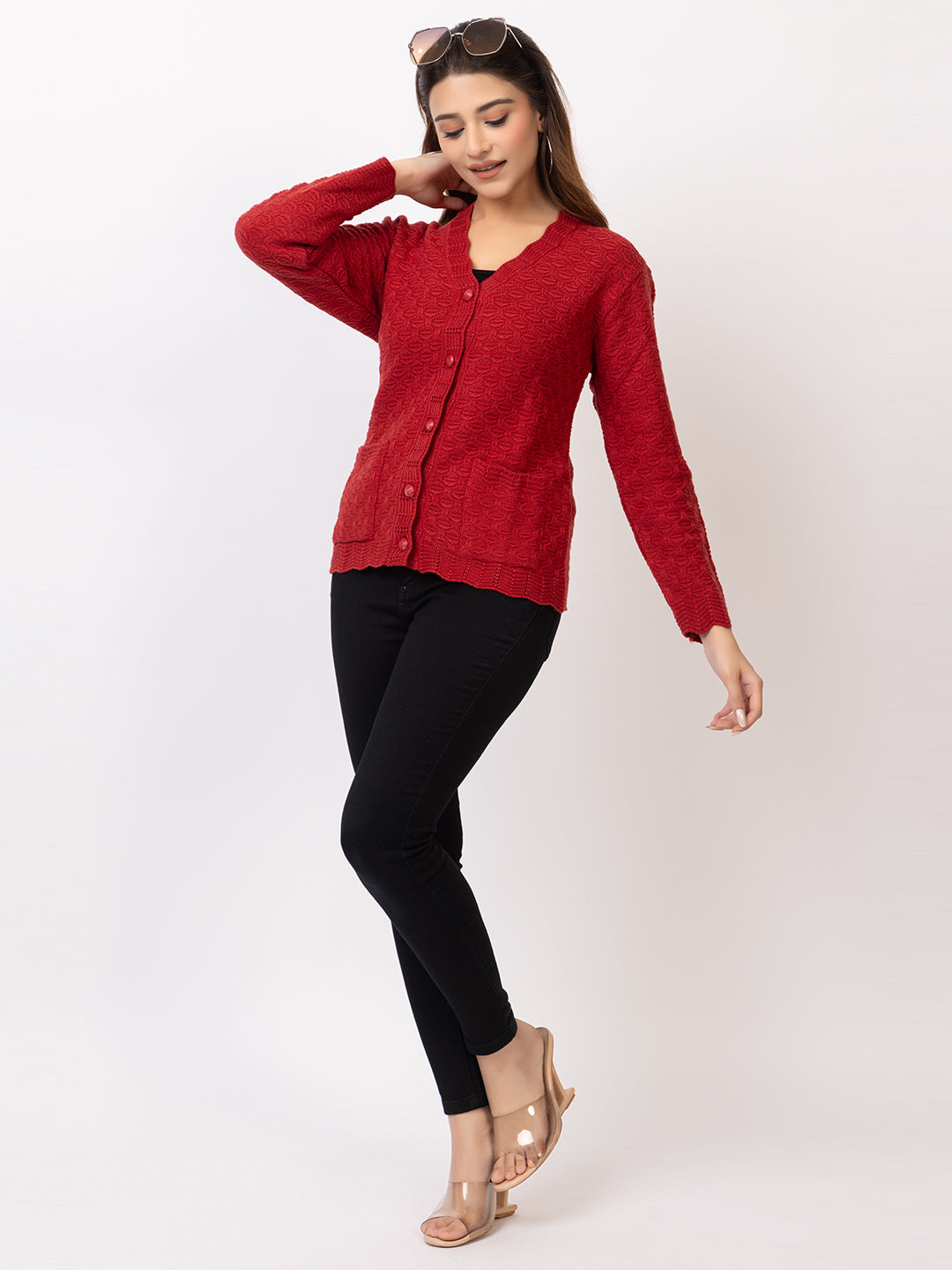 2402 Red V neck Cardigan winter wear TWENTY ME