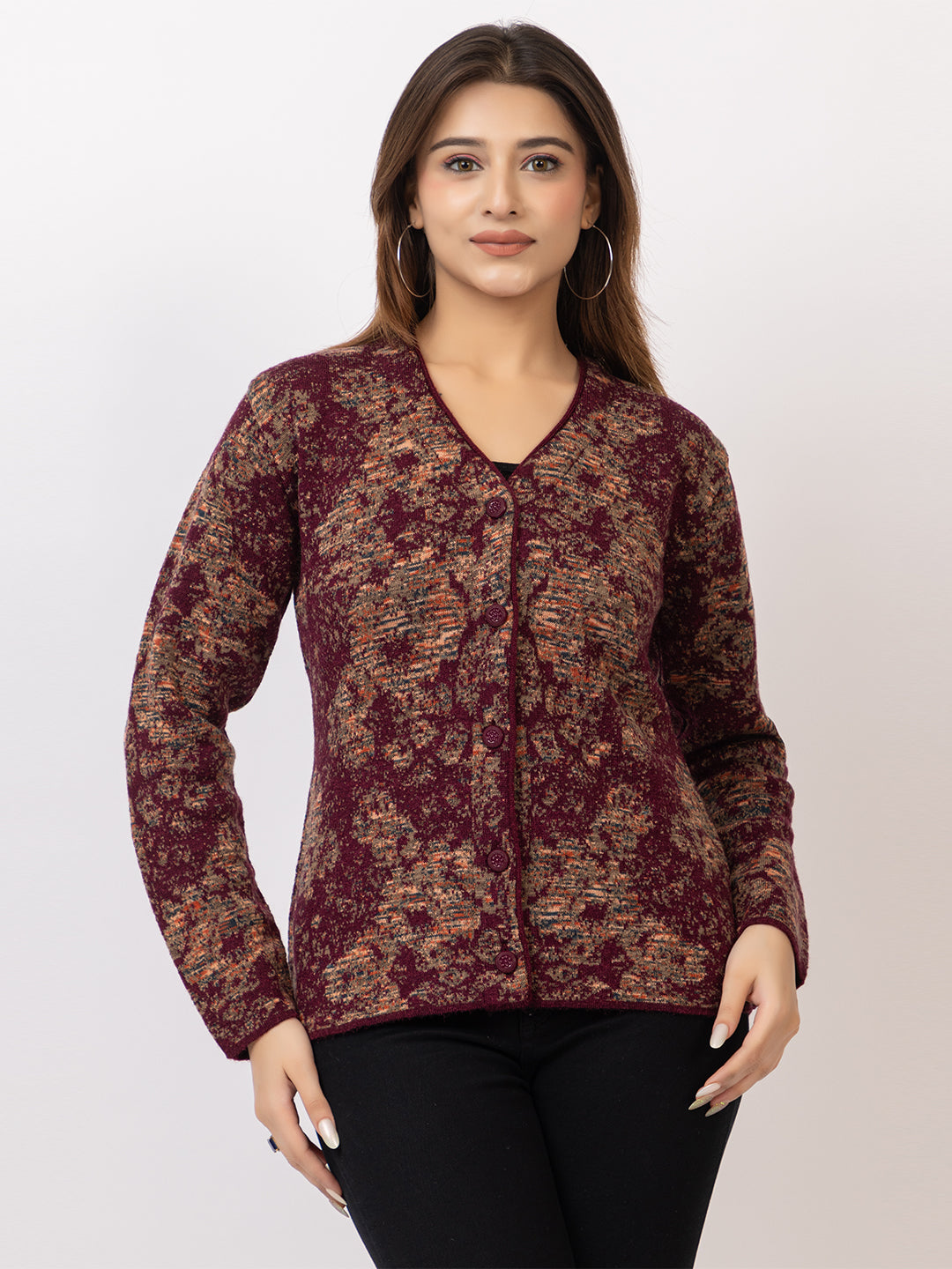 2842 Wine V Neck Cardigan winter wear TWENTY ME