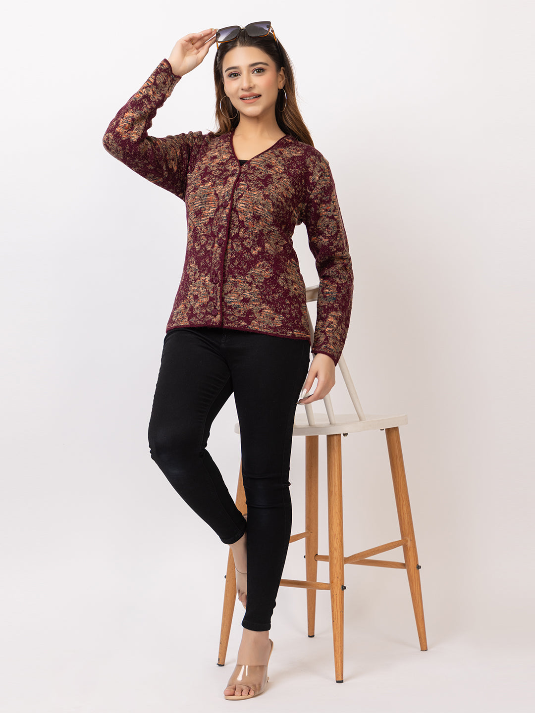 2842 Wine V Neck Cardigan winter wear TWENTY ME