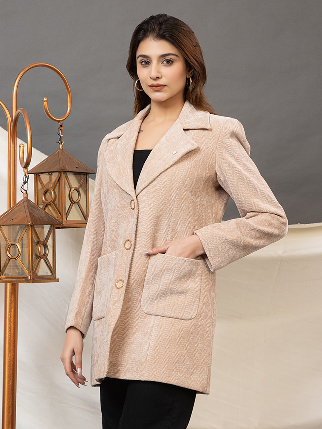 TWENTY ME Women's Elegant Chennile fabric Single Breasted Coat | Classic Notch Lapel Coat ( 4358)