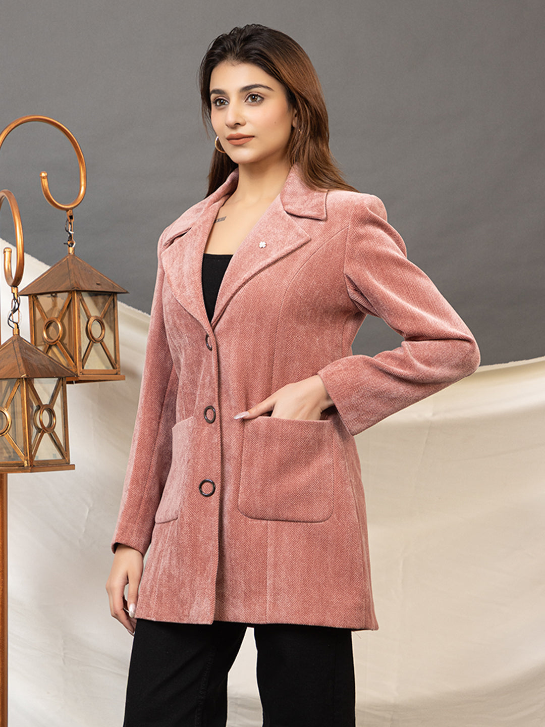 TWENTY ME Women's Elegant Chennile fabric Single Breasted Coat | Classic Notch Lapel Coat ( 4358)