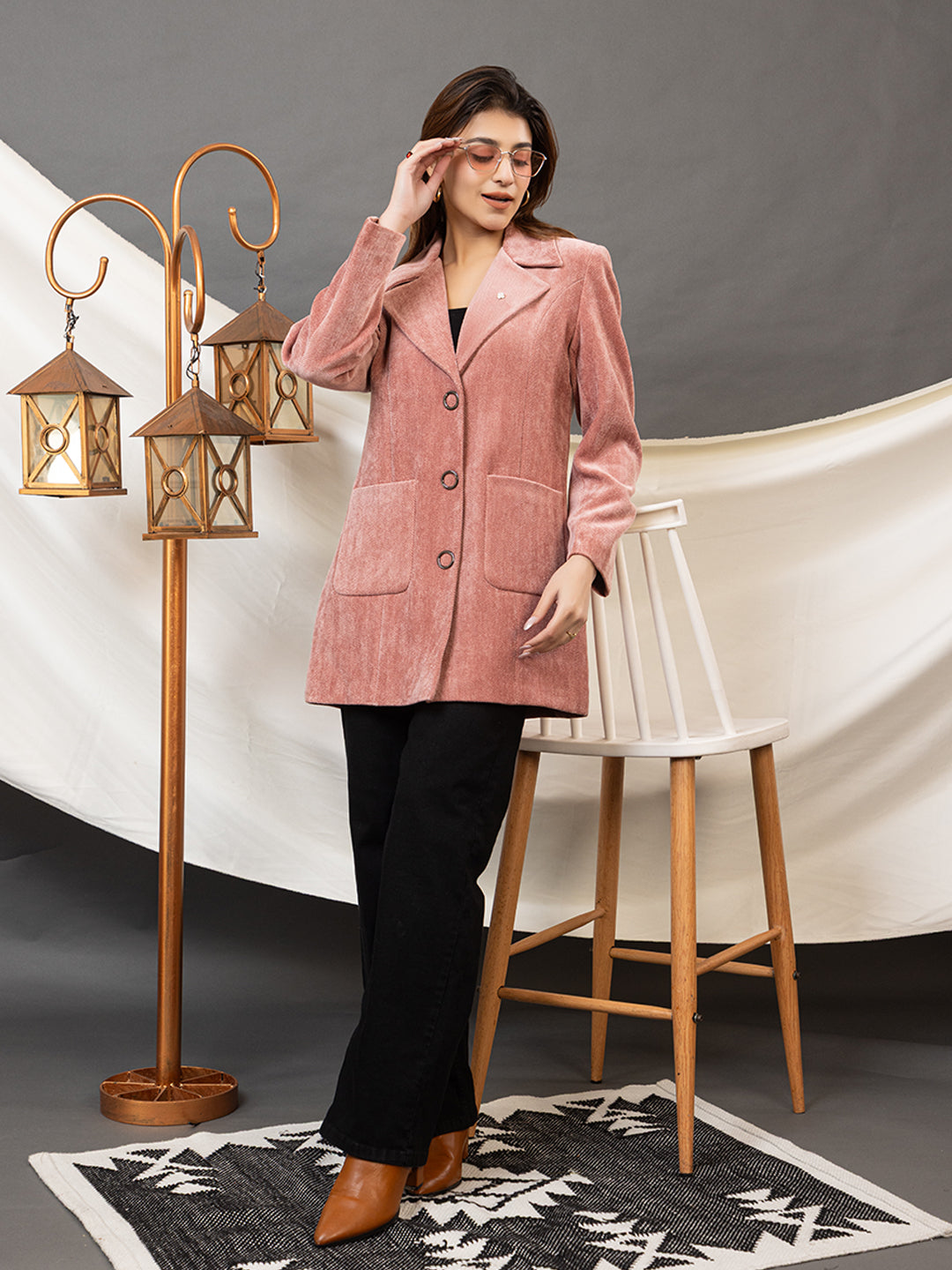 TWENTY ME Women's Elegant Chennile fabric Single Breasted Coat | Classic Notch Lapel Coat ( 4358)