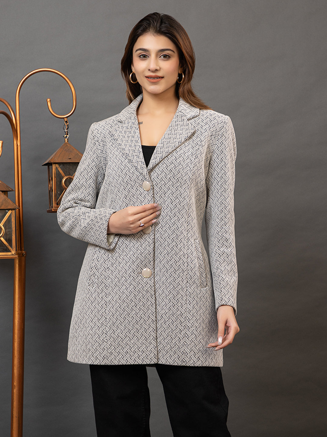 TWENTY ME Winter Wear Casual Wear Outdoor Wear Tweed Fabric Notch Lapel Solid Full Sleeve Women's Coat (4426)