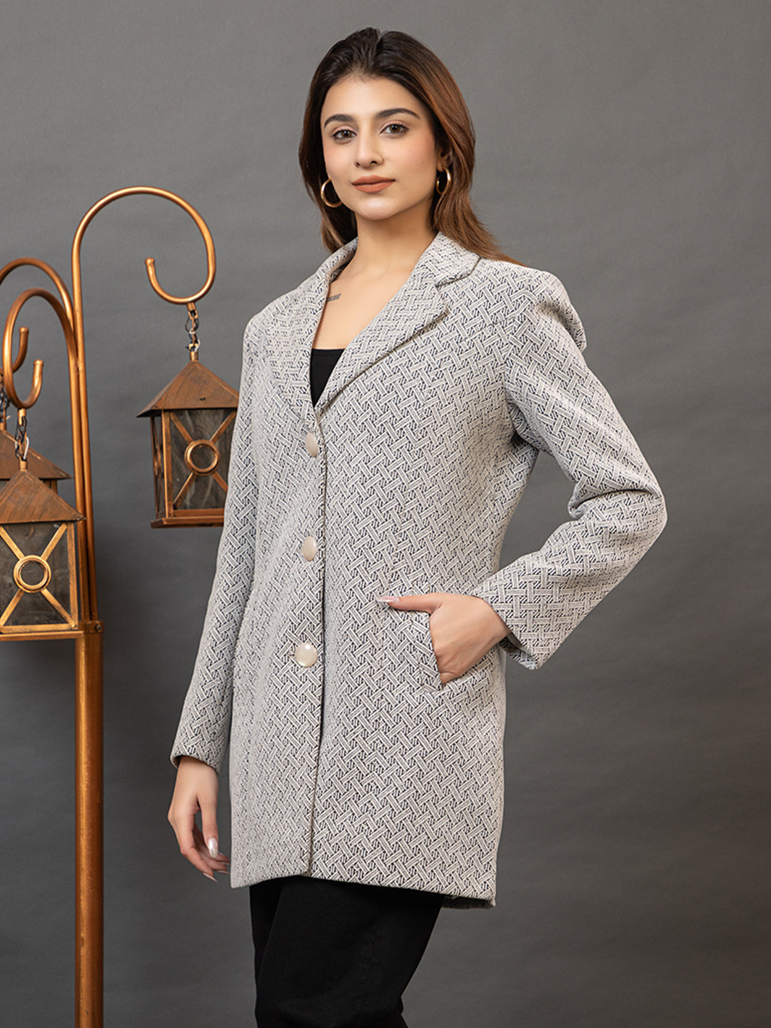 TWENTY ME Winter Wear Casual Wear Outdoor Wear Tweed Fabric Notch Lapel Solid Full Sleeve Women's Coat (4426)