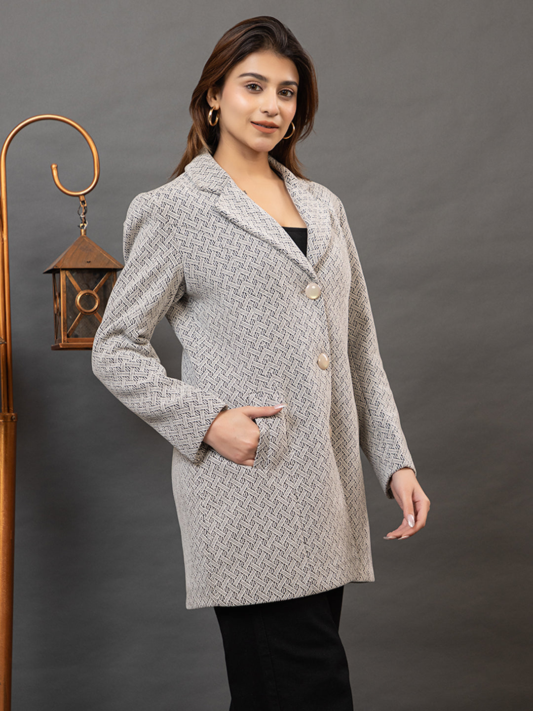 TWENTY ME Winter Wear Casual Wear Outdoor Wear Tweed Fabric Notch Lapel Solid Full Sleeve Women's Coat (4426)