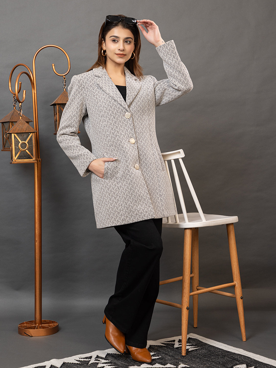 TWENTY ME Winter Wear Casual Wear Outdoor Wear Tweed Fabric Notch Lapel Solid Full Sleeve Women's Coat (4426)
