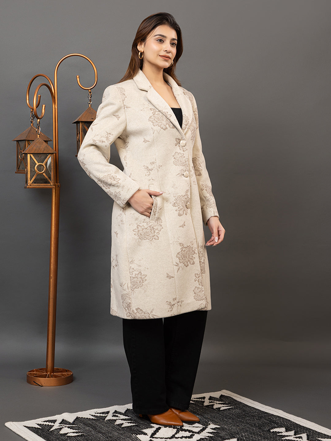 TWENTY ME Women's Elegant Single Breasted Tweed fabric Longline Coat | Classic Notch Lapel Coat  (4399)