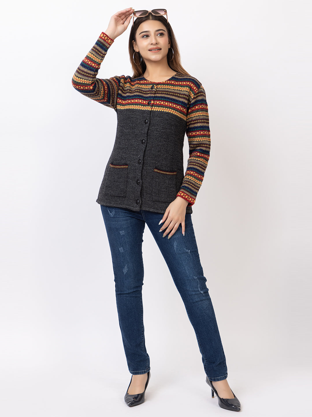 2843 Black Round Neck Cardigan winter wear TWENTY ME