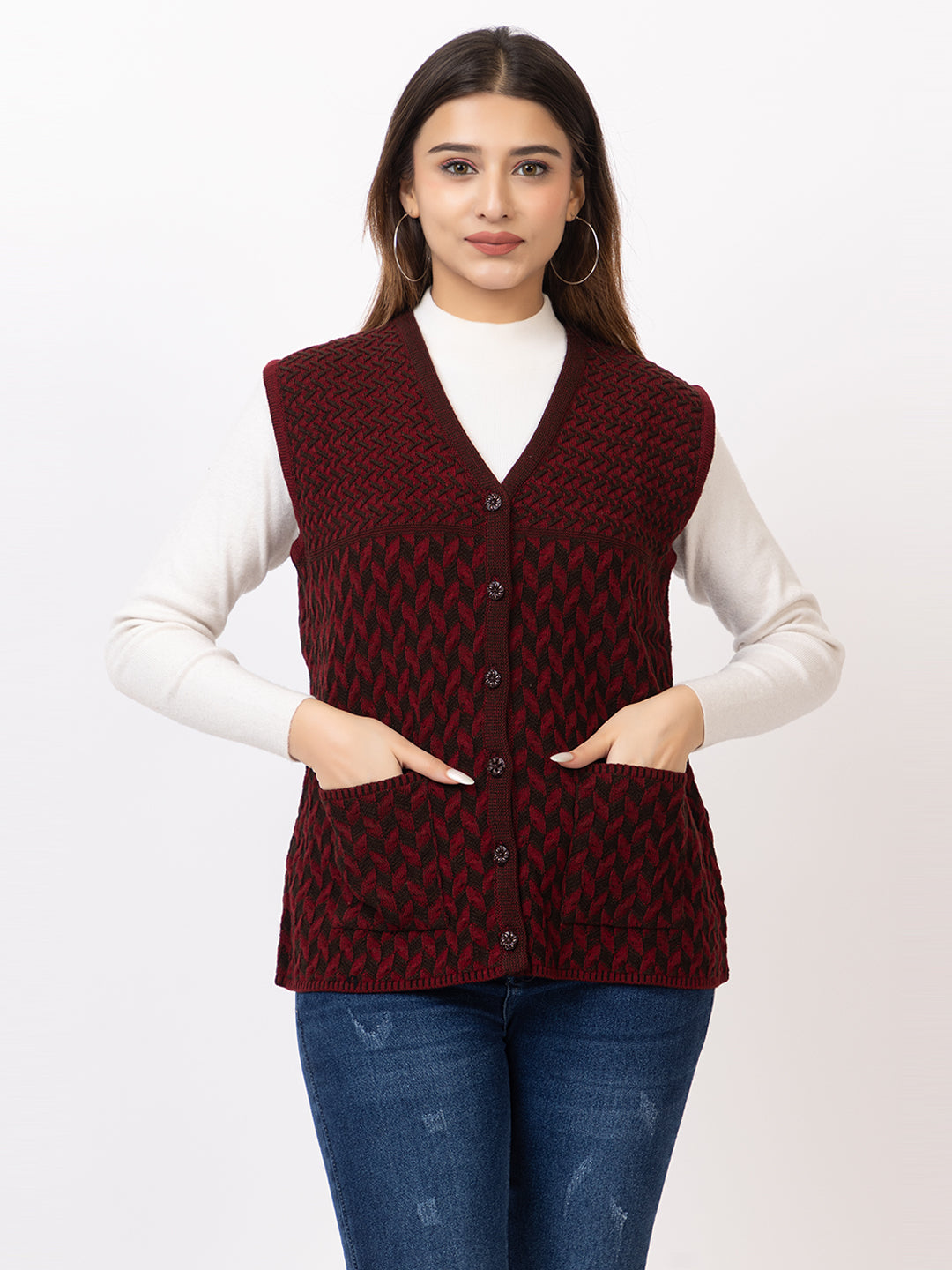 1264 Maroon Sleeveless Cardigan Winter Wear TWENTY ME