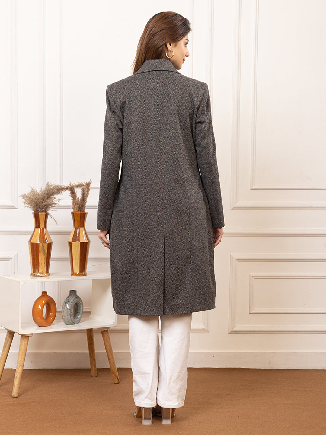TWENTY ME Women's Elegant Single Breasted Tweed fabric Longline Coat | Classic Notch Lapel Coat ( 4395)