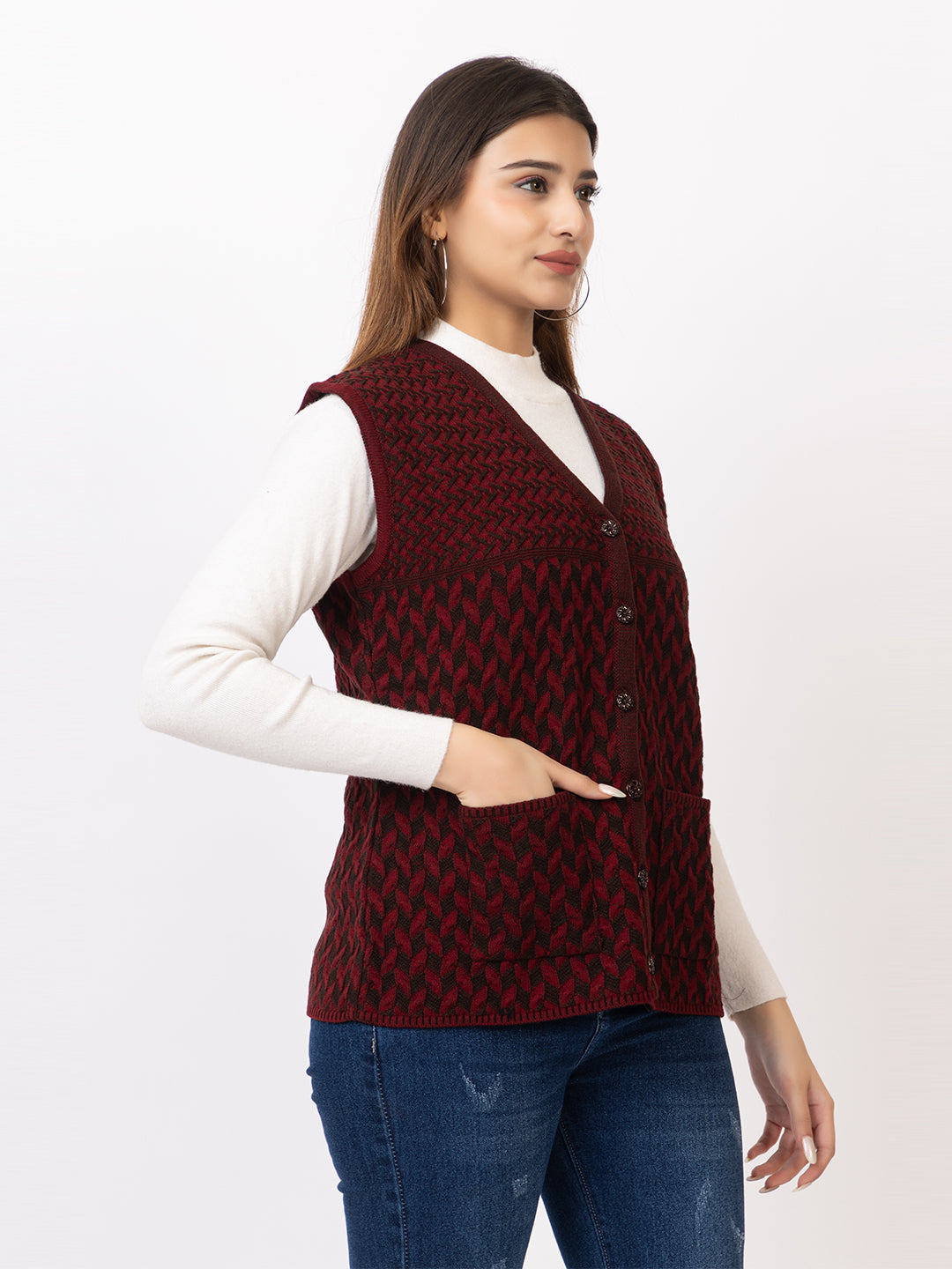 1264 Maroon Sleeveless Cardigan Winter Wear TWENTY ME